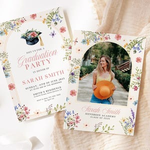 Faire-part de remise des diplômes fleurs sauvages, carte photo modifiable pour diplômés, invitation à une fête senior florale rose bohème, faire-part promotion 2025 modèle GI004