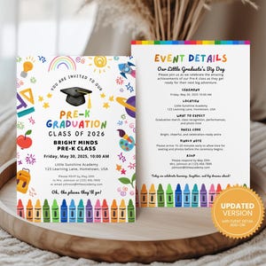 May include: A vibrant Pre-K graduation invitation featuring the text "Pre-K Graduation Class of 2026". The design includes event details, a rainbow, a graduation cap, and crayon illustrations. The invitation is presented on a wooden tray.