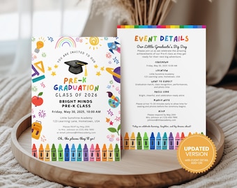 Preschool Graduation Invitation, Pre-K Grad Announcement Card Editable Kindergarten Graduate Invite, Class of 2026 PreK Ceremony Evite GI009