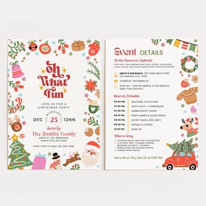 K&ouml;nnte beinhalten: Eine Weihnachtsparty-Einladung mit festlichem Design. Die Einladung enth&auml;lt den Text "Oh What Fun" und Details zur Veranstaltung, einschlie&szlig;lich Datum, Uhrzeit und Ort. Dekorative Elemente sind Weihnachtsb&auml;ume, Ornamente und eine Santa Claus-Illustration.