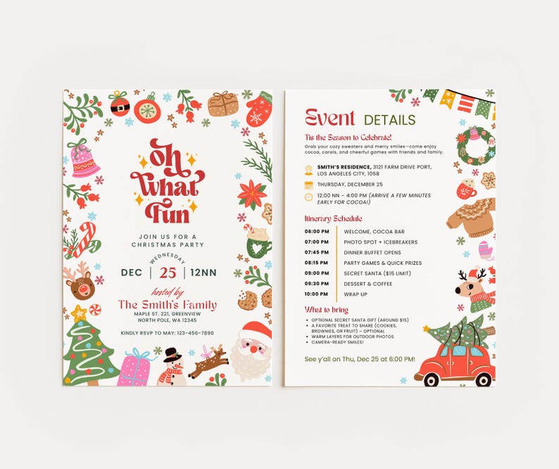K&ouml;nnte beinhalten: Eine Weihnachtsparty-Einladung mit festlichem Design. Die Einladung enth&auml;lt den Text "Oh What Fun" und Details zur Veranstaltung, einschlie&szlig;lich Datum, Uhrzeit und Ort. Dekorative Elemente sind Weihnachtsb&auml;ume, Ornamente und eine Santa Claus-Illustration.