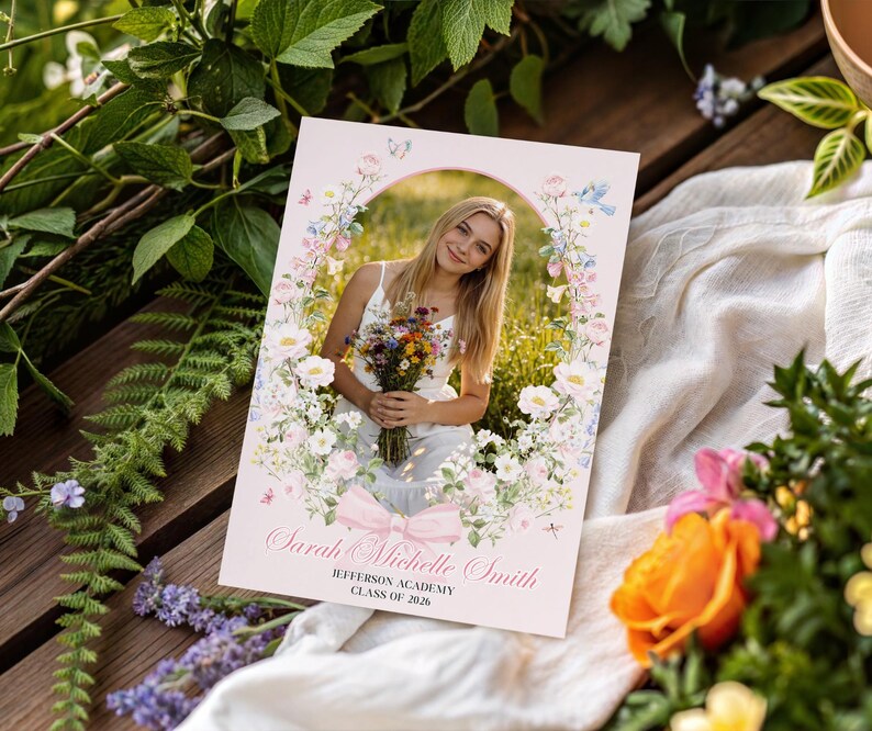 May include: A graduation announcement card with a photograph of a young woman holding flowers, surrounded by a floral border. The card displays the name "Sarah Michelle Smith", school details, and "Class of 2026", with a pink bow at the bottom.
