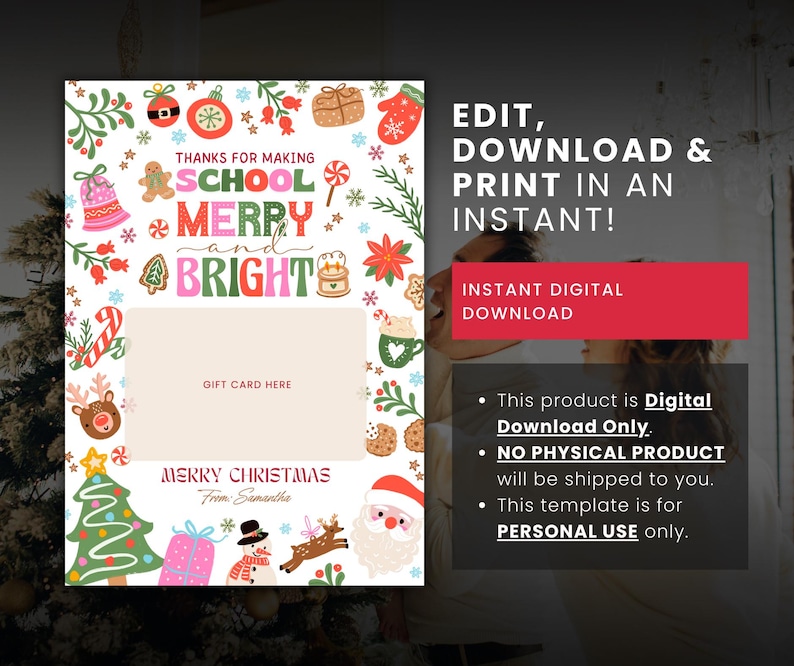 Teacher Christmas Gift Card Holder, School Merry and Bright Printable ...
