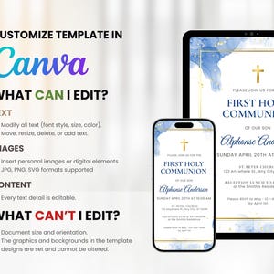 May include: A digital invitation for a First Holy Communion. The invitation features a blue and gold design with a cross and the text "Please join us for the First Holy Communion of our son Alphonse Anderson, Sunday April 20th at 10:00 AM".