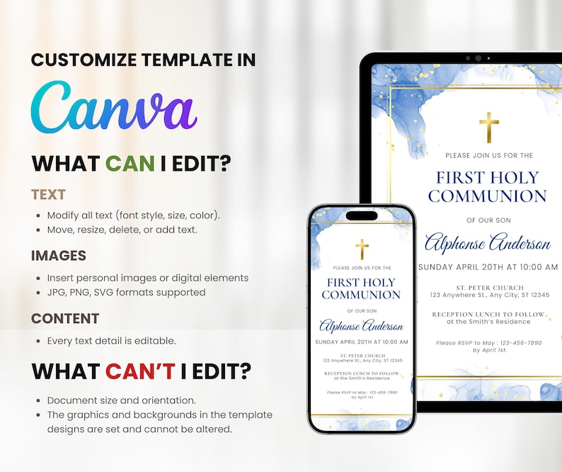 May include: A digital invitation for a First Holy Communion. The invitation features a blue and gold design with a cross and the text "Please join us for the First Holy Communion of our son Alphonse Anderson, Sunday April 20th at 10:00 AM".