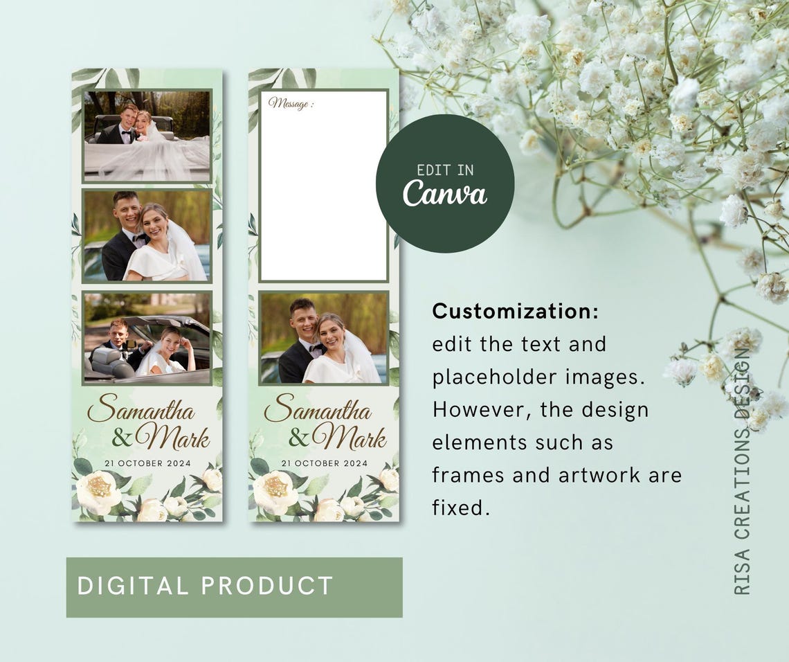 Green Floral Wedding Photobooth Template 2x6 Photo Strips (canva