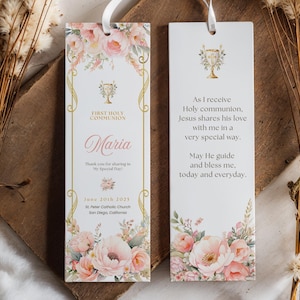 Marcapáginas de primera comunión, tarjeta de oración para niña, marcapáginas floral para la Eucaristía, plantilla editable de Canva, imprimible de 2x6 (FCI003)