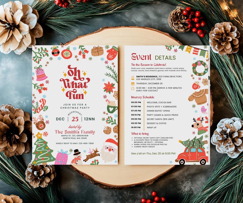 Oh What Fun Christmas party invitation, editable Canva template, 5×7 with festive icons
