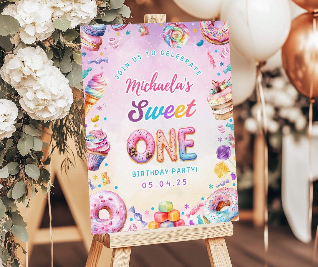 Editable Sweet One Birthday Welcome Sign, Donut Candy Party Poster ...
