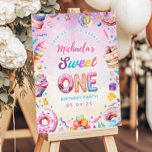 Sweet One Birthday Welcome Sign, Candy Donut Dessert Party Decor, Editable Canva Template, 1st Birthday Girl, Printable Poster, Pastel BI008