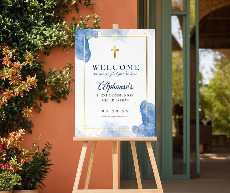 Blue First Communion Invitation for Boys, Modern Minimalist Holy Communion, 1st Communion Invite Editable Canva Template Card FCI007 image 10