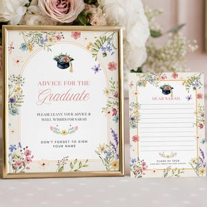 Biglietto e cartello con fiori selvatici per consigli di laurea, consigli stampabili per il laureato, decorazioni boho per la festa di laurea, modello Canva GI004
