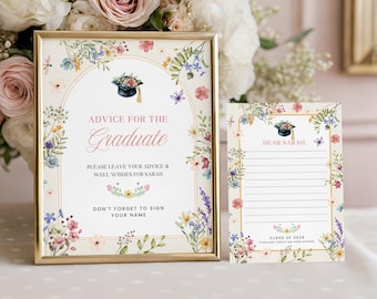 Tarjeta y cartel de consejos de graduación con diseño de flores silvestres: Decoración para fiestas estilo boho (Plantilla de Canva) GI004