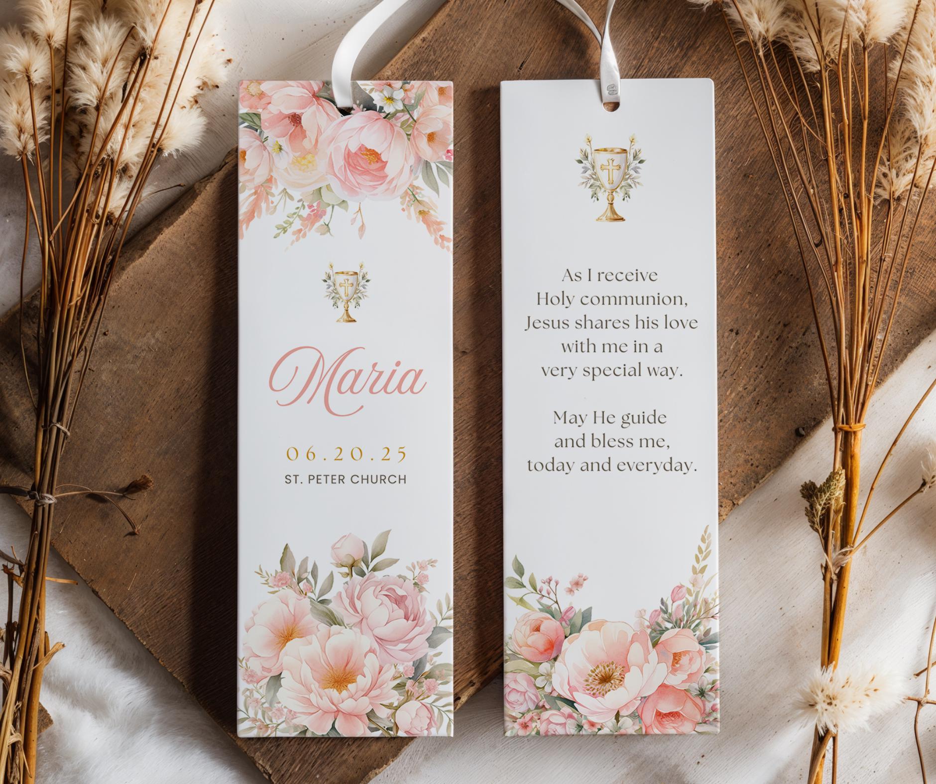 First Holy Communion Bookmark Template, Editable Canva Bookmark, Floral ...