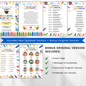 May include: Colorful preschool graduation announcement and program templates. The design includes a graduation cap, crayons, and the text "Preschool Graduation." The program includes a schedule of events and a list of graduates.