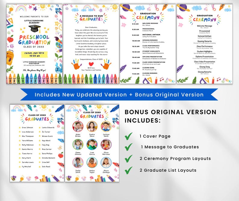 May include: Colorful preschool graduation announcement and program templates. The design includes a graduation cap, crayons, and the text "Preschool Graduation." The program includes a schedule of events and a list of graduates.