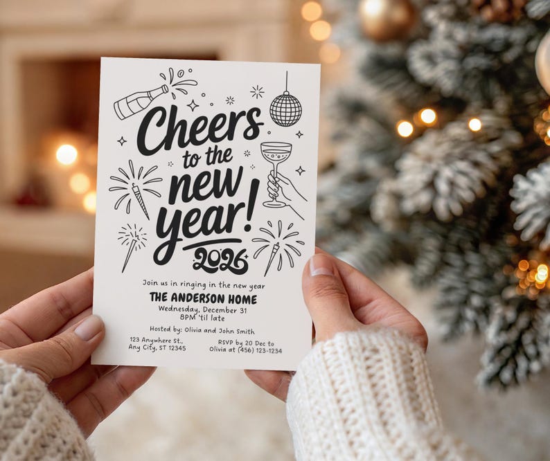 May include: A cream-colored invitation card with black illustrations and text. The card reads "Cheers to the new year! 2026" with fireworks, champagne, and a disco ball graphic. The invitation includes event details for The Anderson Home.