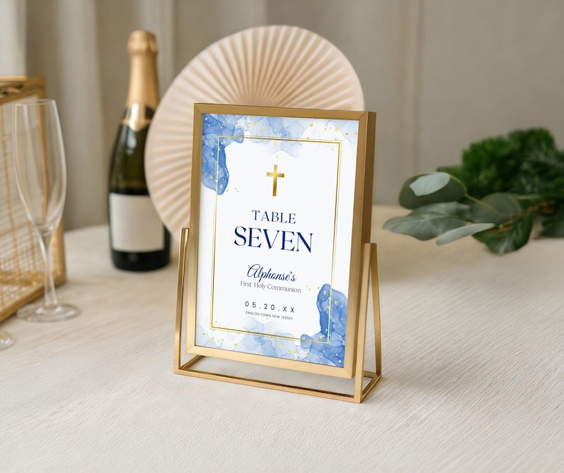 Blue First Communion Invitation for Boys, Modern Minimalist Holy Communion, 1st Communion Invite Editable Canva Template Card FCI007 image 12