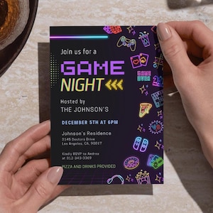 Convite para noite de jogo – Convite para festa de videogame neon, modelo editável para festa de jogador, aniversário de jogo retrô, Canva Evite para impressão