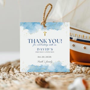 Étiquette bleue de remerciement pour la première communion, étiquette de faveur carrée aquarelle Sainte Communion, modèle de toile modifiable minimaliste moderne FCI004