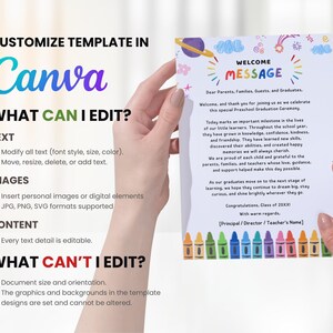 May include: A customizable Canva template for a preschool graduation ceremony announcement. The design features colorful crayons, a welcome message, and editable text fields for personalization. The template allows for text and image modifications, but the document size and background graphics are fixed.