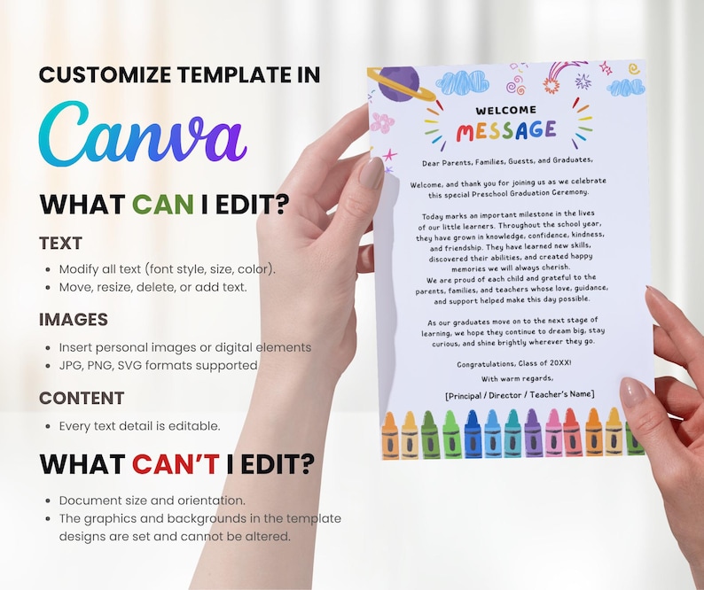 May include: A customizable Canva template for a preschool graduation ceremony announcement. The design features colorful crayons, a welcome message, and editable text fields for personalization. The template allows for text and image modifications, but the document size and background graphics are fixed.