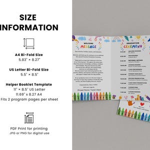 May include: A graduation ceremony program with colorful crayon illustrations. The program includes a welcome message, ceremony schedule, and size information. Available in A4 and US Letter bi-fold sizes, and a helper booklet template.