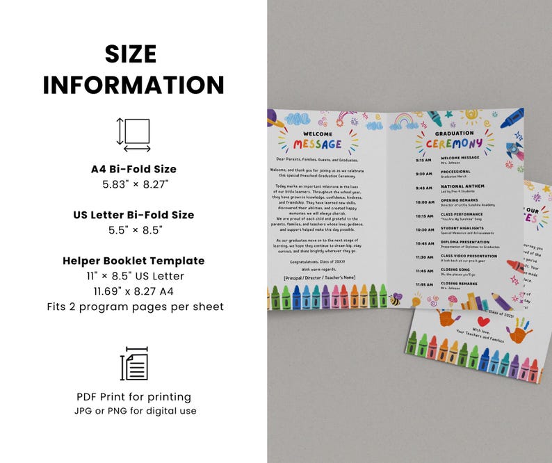 May include: A graduation ceremony program with colorful crayon illustrations. The program includes a welcome message, ceremony schedule, and size information. Available in A4 and US Letter bi-fold sizes, and a helper booklet template.