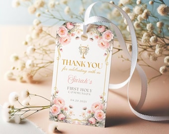 First Communion Thank You Tag Pink Floral Communion Thank You Tag, 2x3.5Printable Canva Template, Instant Download, FCI003