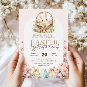 Ostereiersuche-Einladung, Hasen-Einladung, Ostereinladung, Digitaler Osterbrunch und Eiersuche-Vorlage, elegante Osterparty-Einladung
