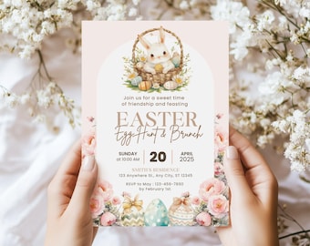 Invitación a la búsqueda de huevos de Pascua, invitación de conejito, invitación de Pascua, plantilla digital para brunch y búsqueda de huevos de Pascua, elegante invitación a fiesta de Pascua.