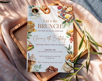 Zaproszenie na brunch urodzinowy, zaproszenie na przyjęcie śniadaniowe, edytowalny szablon Canva, pobieranie cyfrowe