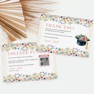 Graduation College Fund QR-Karte, Dankeskartenset, Wildblumenblumen-Gravur-Partybevorzugung, bearbeitbare Canva-Vorlage, Klasse von 2025 GI004
