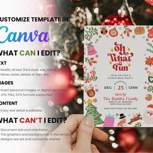 K&ouml;nnte beinhalten: Eine Weihnachtsparty-Einladung mit dem Text "Oh What Fun" und festlichen Illustrationen. Die Einladung enth&auml;lt Datum, Uhrzeit und Gastgeberinformationen. Das Design ist in Canva anpassbar.