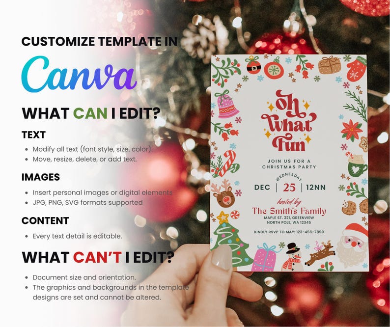 K&ouml;nnte beinhalten: Eine Weihnachtsparty-Einladung mit dem Text "Oh What Fun" und festlichen Illustrationen. Die Einladung enth&auml;lt Datum, Uhrzeit und Gastgeberinformationen. Das Design ist in Canva anpassbar.