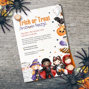 Convite editável para festa de Halloween infantil, convite para festa de Halloween, convite para festa à fantasia de Halloween, celebração assustadora, modelo Canva