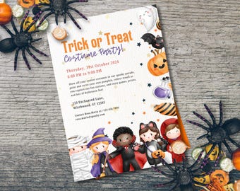 Bewerkbare uitnodiging voor Halloween-feest voor kinderen, uitnodiging voor Halloween-feest, uitnodiging voor Halloween kostuumfeest, spookachtige viering, canvassjabloon