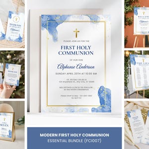 Könnte beinhalten: Eine Sammlung von Kommunions-Papeterie-Artikeln. Enthält Einladungen, Willkommensschilder, Tischkarten und Dankeskarten. Die Designs zeigen blaue Aquarellakzente, goldene Kreuze und elegante Schriftarten. Das Bundle trägt die Bezeichnung "Modern First Holy Communion Essential Bundle (FC1007)."