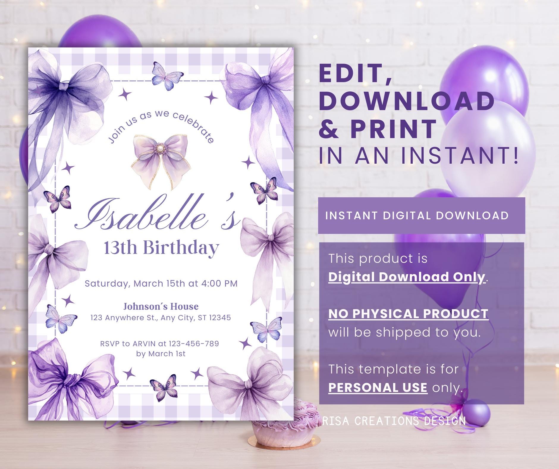 Purple Butterfly Birthday Invitation: Gingham Bow, Editable Canva Card ...