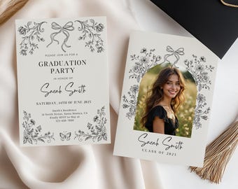 Floral Bow Graduation Announcement: Modern Photo Invitation (Digital Download)