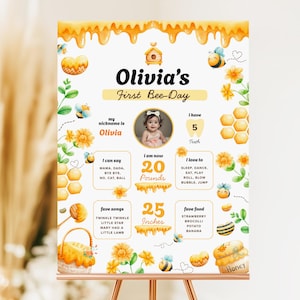 Cartello per il primo compleanno di un&#39;ape, decorazione per feste a tema ape, modello Canva modificabile, download digitale, BI015
