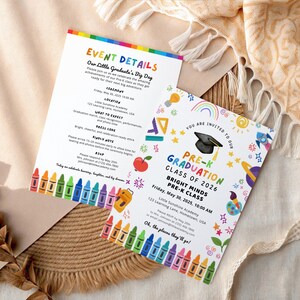 May include: Two colourful Pre-K graduation announcements. One has event details with crayon illustrations. The other says "Pre-K Graduation Class of 2026" with a mortarboard and rocket ship graphics. The announcements are on a neutral background.