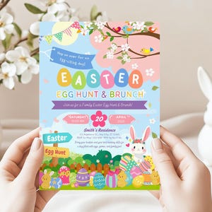 Invitación a la búsqueda de huevos de Pascua, invitación de conejito, invitación de Pascua, plantilla digital para brunch y búsqueda de huevos de Pascua, invitación colorida a una fiesta de Pascua