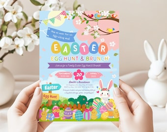 Easter Egg Hunt Invitation, Bunny Invitation, Easter Invitation, Digital Easter Brunch and Egg Hunt Template, Colorful Easter Party Invite