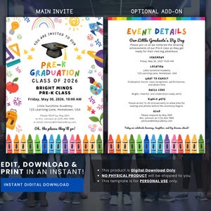 May include: A Pre-K graduation invitation featuring a graduation cap, rainbow, and school-themed illustrations. The text announces "Pre-K Graduation Class of 2026" with event details. Available as an instant digital download, ready to print.