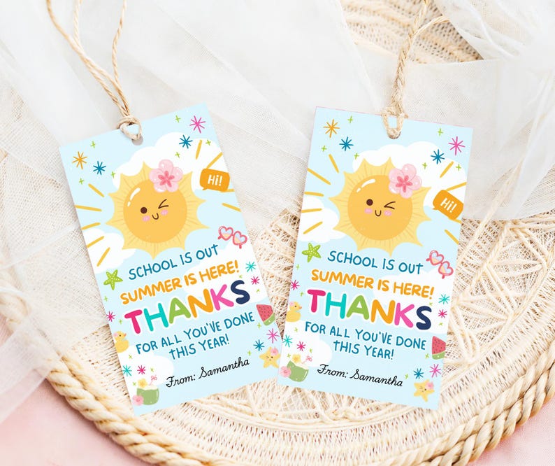 Colorful summer-themed teacher appreciation gift tag attached to kraft paper bag, featuring cheerful sun, bright icons, and "Thanks" message in fun fonts.