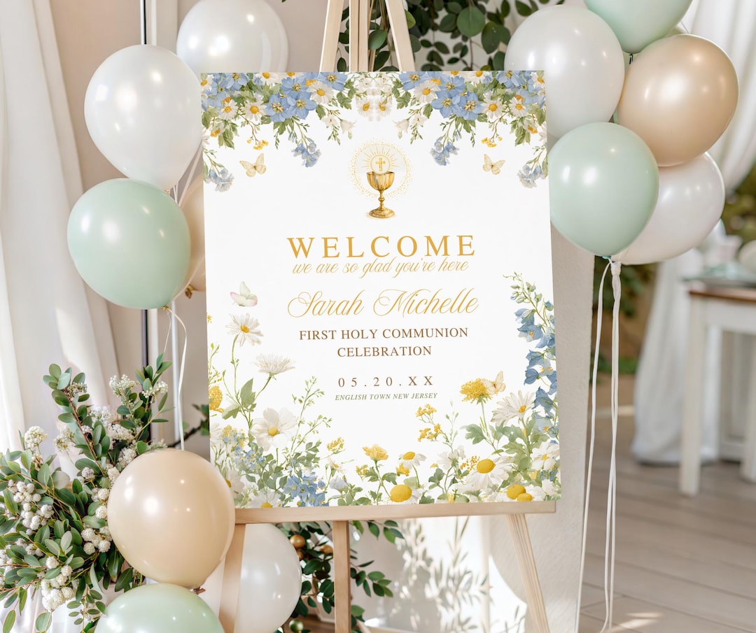 Communion Post Sign First Holy Communion Welcome Sign Template, Editable Canva Blue Floral ...
