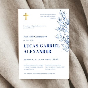 First Communion Invitation for Boys, Modern Minimalist Holy Communion, Blue Floral 1st Communion Invite, Editable Canva Template Evite