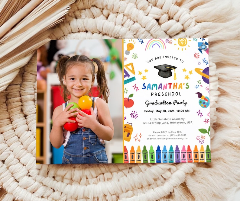 Colorful preschool graduation invitation with rainbow doodles, crayons, and photo of smiling young girl in pigtails holding toys; perfect for Pre-K or kindergarten party.