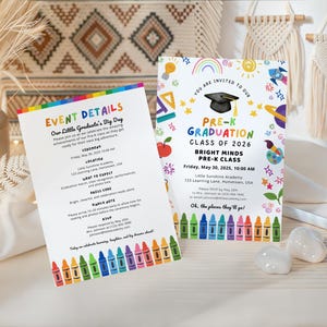 May include: Two graduation announcement cards with crayon borders. One card reads "Event Details" and the other says "Pre-K Graduation Class of 2026." Both cards have a white background with colourful graphics.